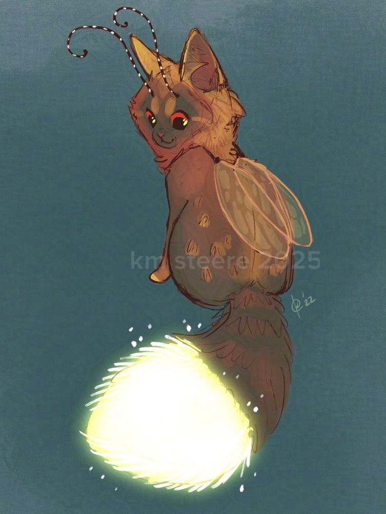 A digital sketch of a firefly kitten sitting on a blue-green background. The kitten is sitting with its back turned to you and its head is looking back over its shoulder at you. Its tail is glowing. 