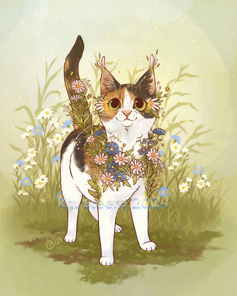 A digital illustration of a calico cat standing in a flowery field. She has bright green eyes and wildflowers sprouting around her neck like jewelry. 