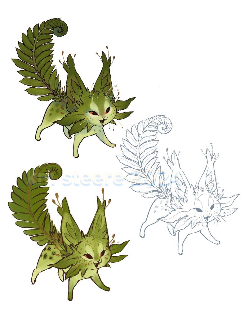 A sketch page of a little fern cat hybrid creature. There are three sketches, one rough, one lines and one more polished. The fern cat is green, with a curly fiddle head tail and orange eyes. 