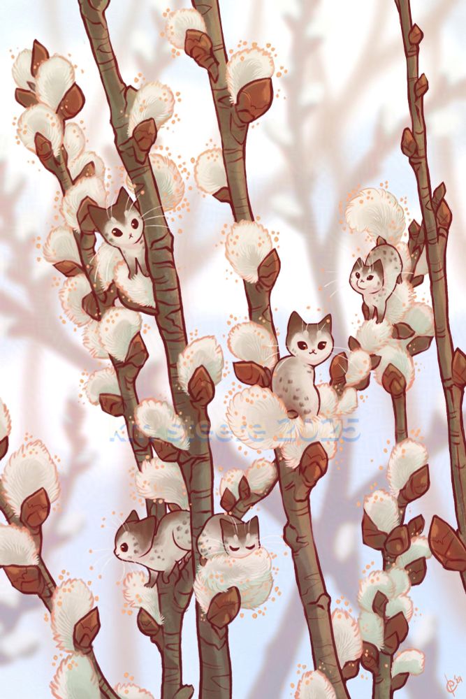 The spring stems of the pussywillow plant. The flowers are puffy and white and line the stems like pompoms. Amongst the flowers are tiny cats of the same colors who have tails that mimic the pussywillow flowers perfectly. 