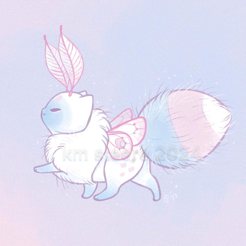 I cute little pink, blue and white moth kitten struts its stuff on a delicate purple background. The moth kitten has pink wings and antennae, a stripy tail and a white floofy neck. 