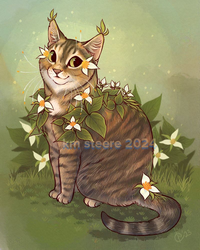 A digital illustration of a beautiful brown, striped kitty sitting in a green and leafy space. The kitty is covered in delicate, white, three-petaled trillium flowers. The kitty’s green eyes are looking back over its shoulder in a quizzical way. 