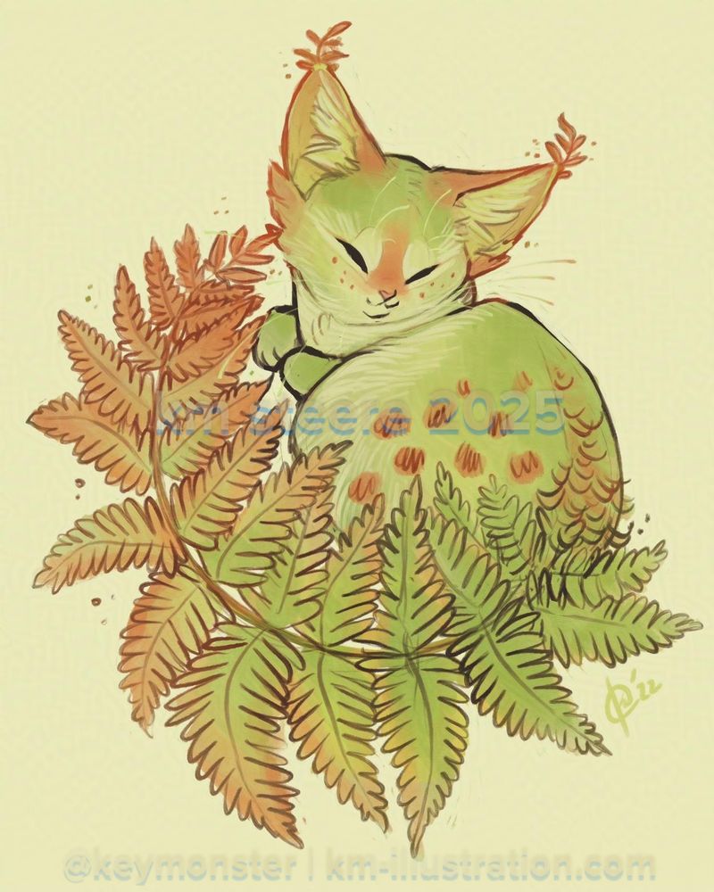 A digital illustration of an orange and green cat. The cat has spots and large ears with fern tufts at the ends. The cat’s tail is a large autumn fern frond. 