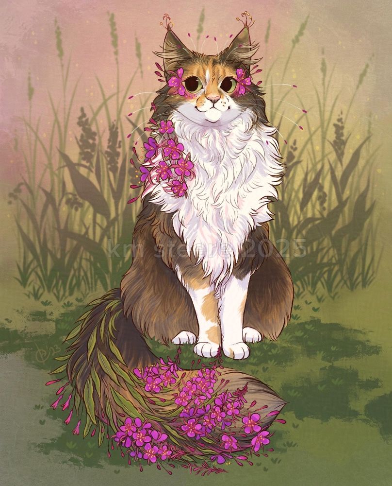 A digital illustration of a long haired torti cat sitting in a field of grasses and flowers. The cat is facing the viewer with its long, fluffy tail curled in front of it and its large green eyes looking to the viewer’s left. The cat is covered in pink fireweed blooms and narrow green leaves. The kitty has a very fluffy white chest. 