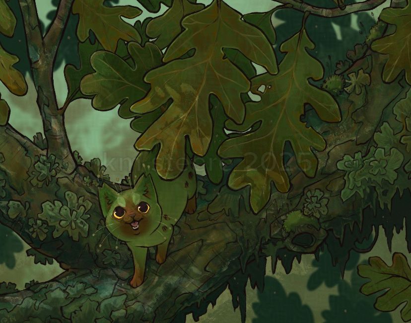 A digital illustration of a small, green cat creature on a tree branch surrounded by oak leaves. The cat is looking at the viewer with large, yellow eyes and an open mouth. The cat appears to have a leafy tail to match the foliage around it. This illustration is 100% human made. 