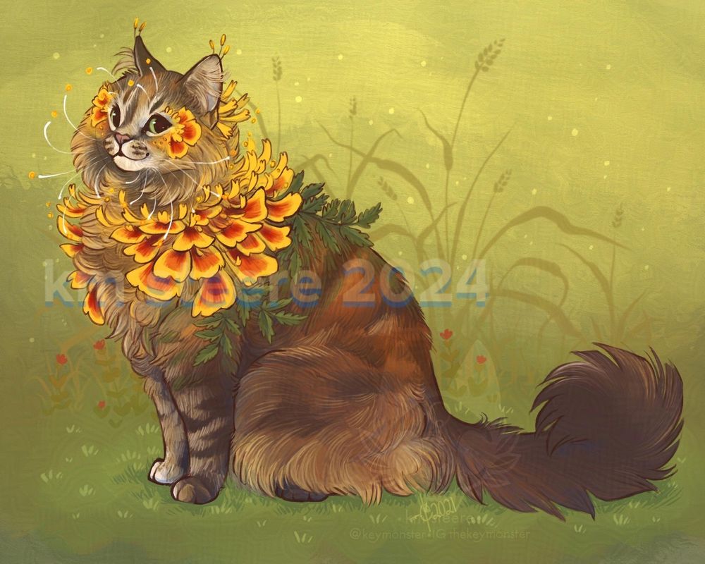 A digital illustration of a long haired torti cat sitting in a grassy place. The cat has marigold petals sprouting from her neck snd cheeks. 