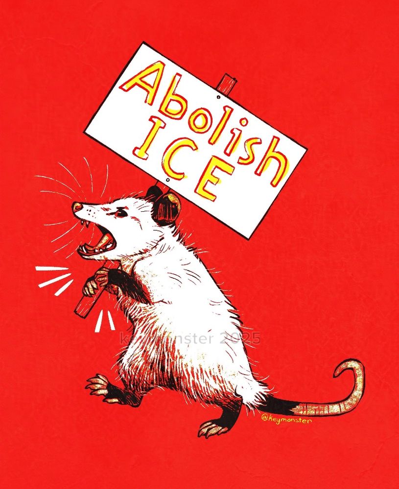 A digital illustration of an opossum walking on its hind legs holding a sign that says “abolish ice”. The image is very high contrast and is mostly red, black and white with some yellow highlights. 