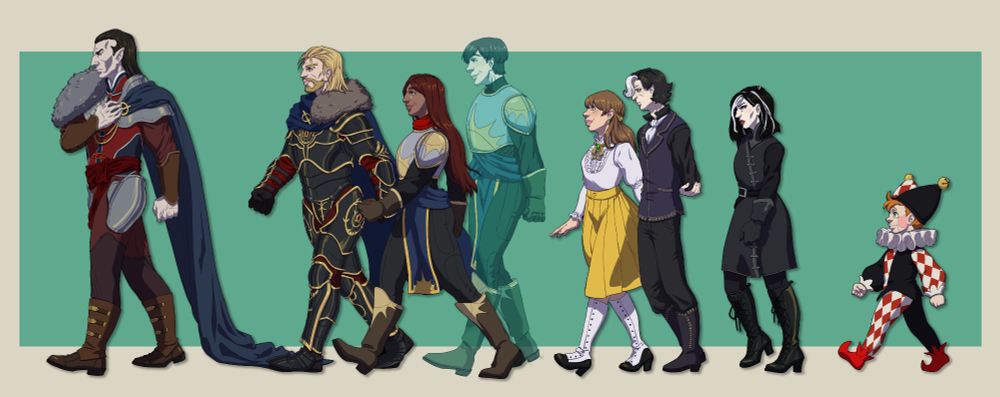 A colored illustration of 8 Curse of Strahd Dungeons and Dragons NPCs. In order, they are Strahd, Ismark, Ireena, Sergei, Stella, Viktor, Muriel, and Piddlewick.