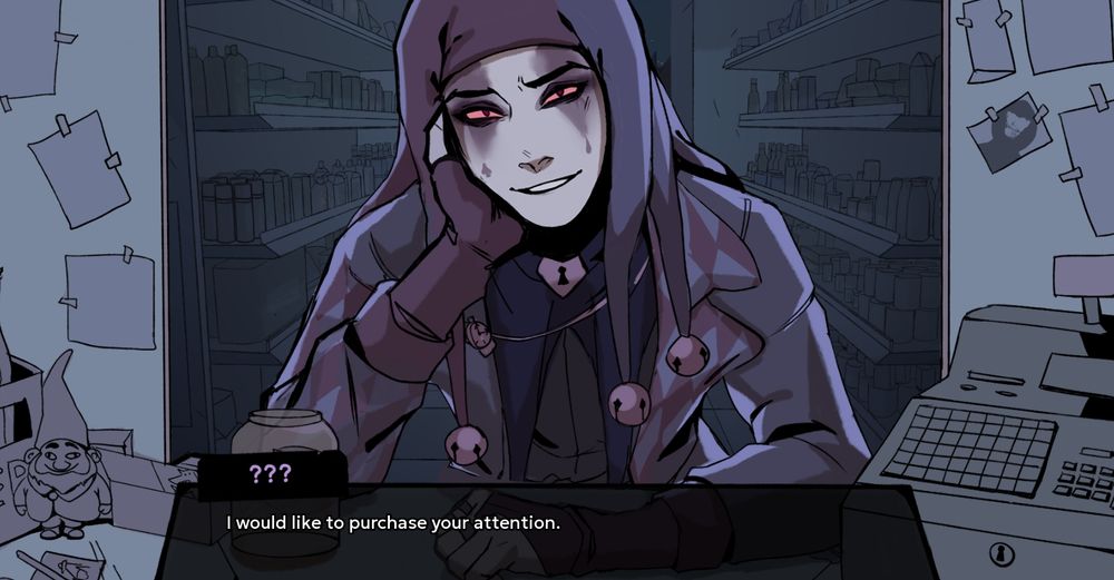 Screenshot of ??? (Deiran) saying "I would like to purchase your attention.", while smiling at the player and leaning on the counter, resting the side of his face on his hand.
