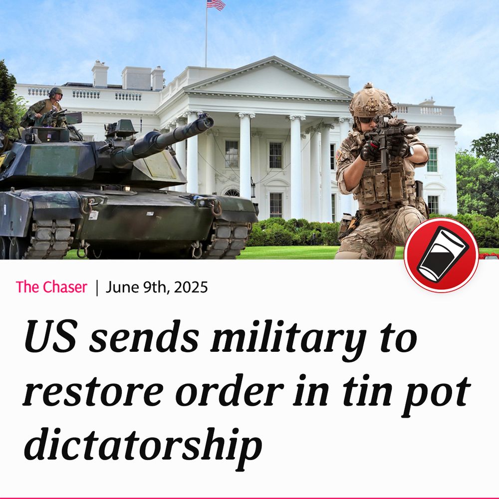 Photoshopped image of soldiers at the White House.

Headline: US sends military to restore order in tin pot dictatorship