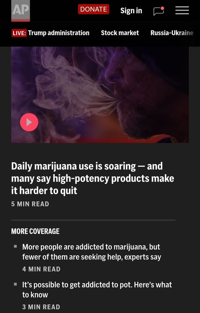 screenshot of the front page of AP News with three potentially-legitimate-but-primarily-scaremongering articles regarding cannabis use