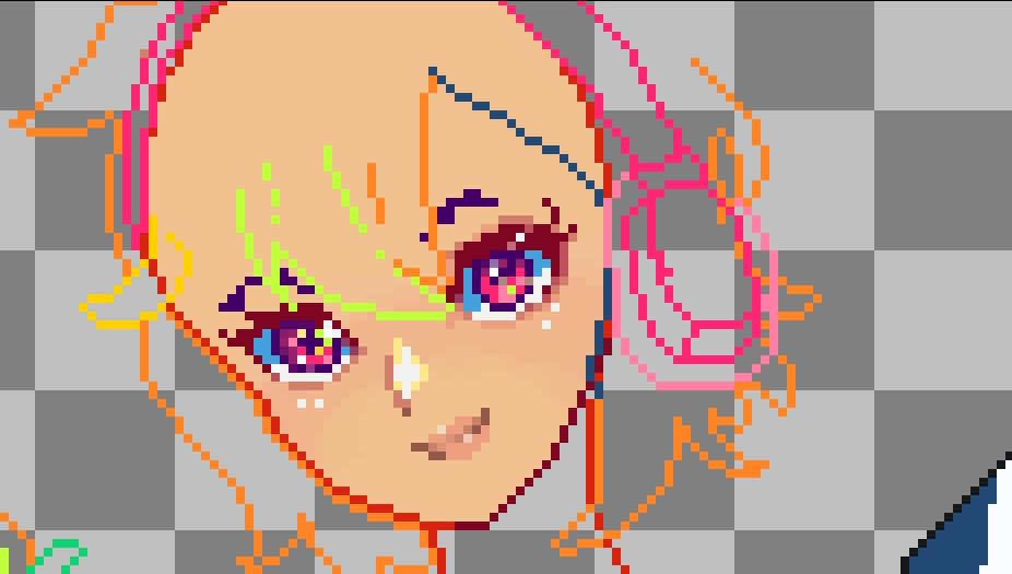 work in progress image of dndogge's pixelart, showing the linework that she's done and the blocked out layers. it's of a cute woman holding a knife and the linework shows she's wearing chunky headphones

fun fact I part out all my layers so the eyes, eyebrows, lips, face, mouth, etc. are all on different layers