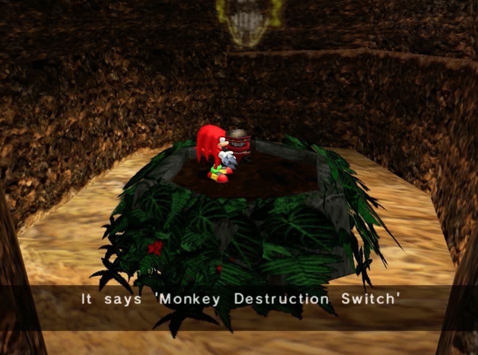 Screenshot from Sonic Adventure. Knuckles stands on a leafy mound in a cave holding a large button. The caption reads: It says "Monkey Destruction Switch"