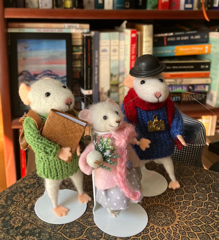 3 mice figurines: a mouse in a green sweater and backpack, clutching a sketchbook; a mouse in a pink coat and gray dress, holding greenery; and a mouse in a blue sweater and bowler hat, with a camera around his neck. Clearly, they are ready for fossil-hunting adventure.