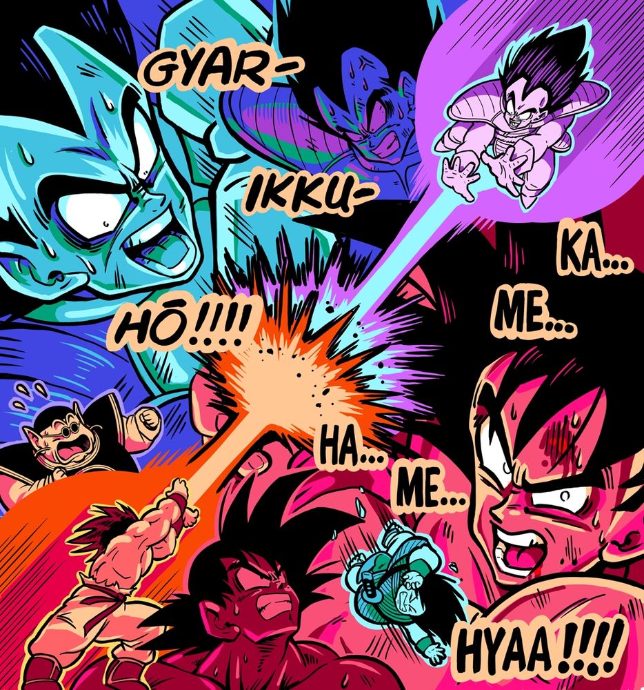 a bunch of vegetas and kakarots doing the beam clash from DBZ's saiyan saga, aka the most important moment in the greatest fight in the entire series