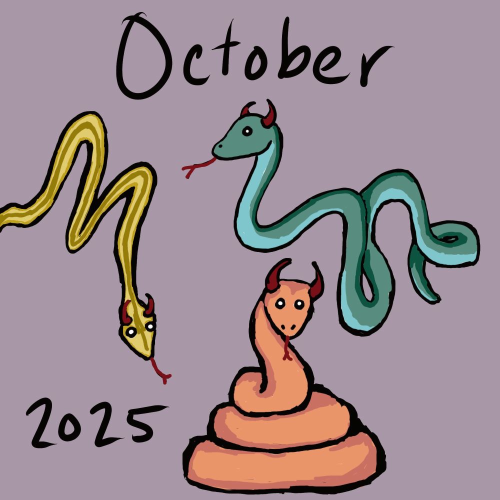 October 2025 Playlist cover image drawn by my wife - three hissing snakes with horns that look a little bit wicked - a reference to the Vampire Weekend song "Harmony Hall," which includes the lyric: "wicked snakes inside the place you thought was dignified"