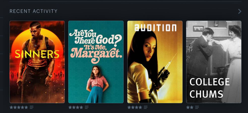 Letterboxd recently watched: Sinners; Are You There God? It’s Me, Margaret; Audition; and College Chums