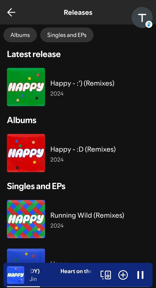 A screenshot of the profile page of Jin on Spotify showing his latest releases listed: Happy - :') (Remixes), Happy - :D (Remixes), Running Wild (Remixes).