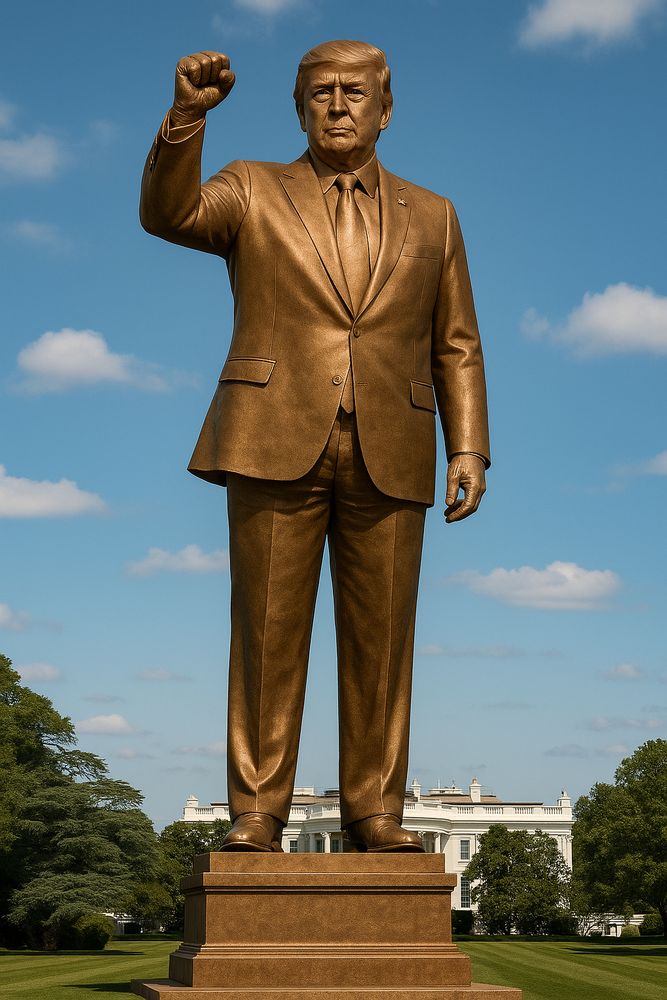 AI generated image of a giant Donald Trump Bronze statue on the White House Lawn.