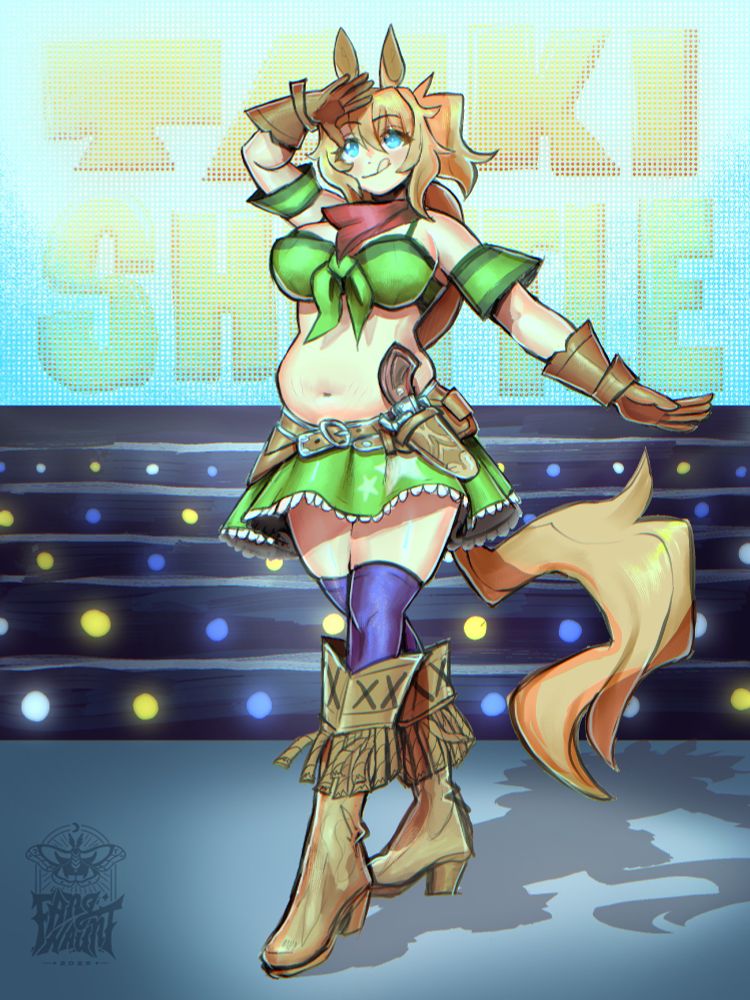 screenshot redraw of taiki shuttle, a horse girl with yellow hair and tail in a green cowboy outfit on a stage with her name in lights in the bg