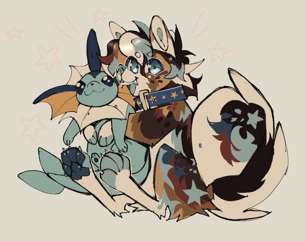 digital artwork of a colorful furry-esque dog sitting cuddling a vaporeon plushie 