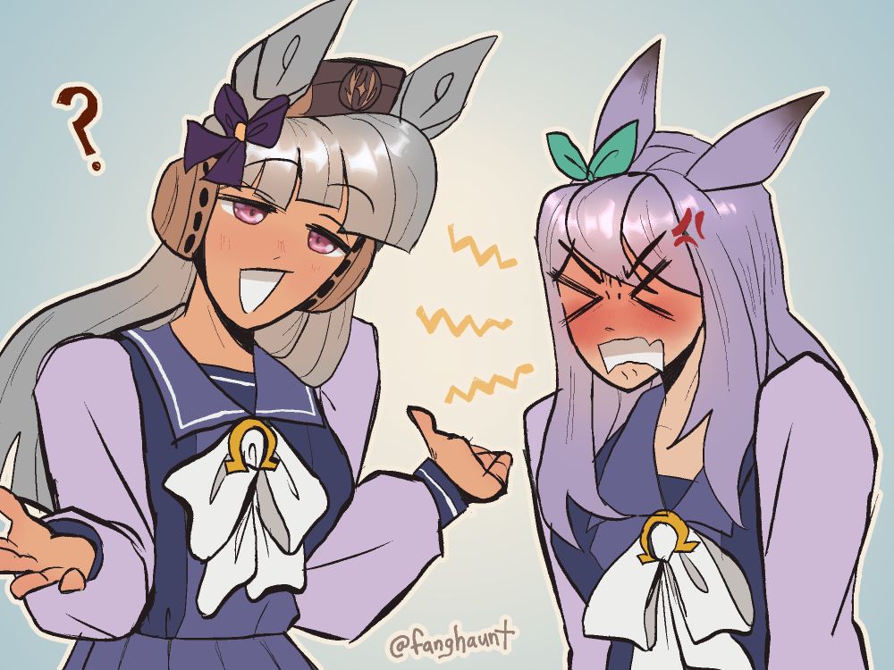 digital drawing of Goldship and Mejiro McQueen from umamusme. golshi is looking a little confused and shrugging while McQueen looks really frustrated