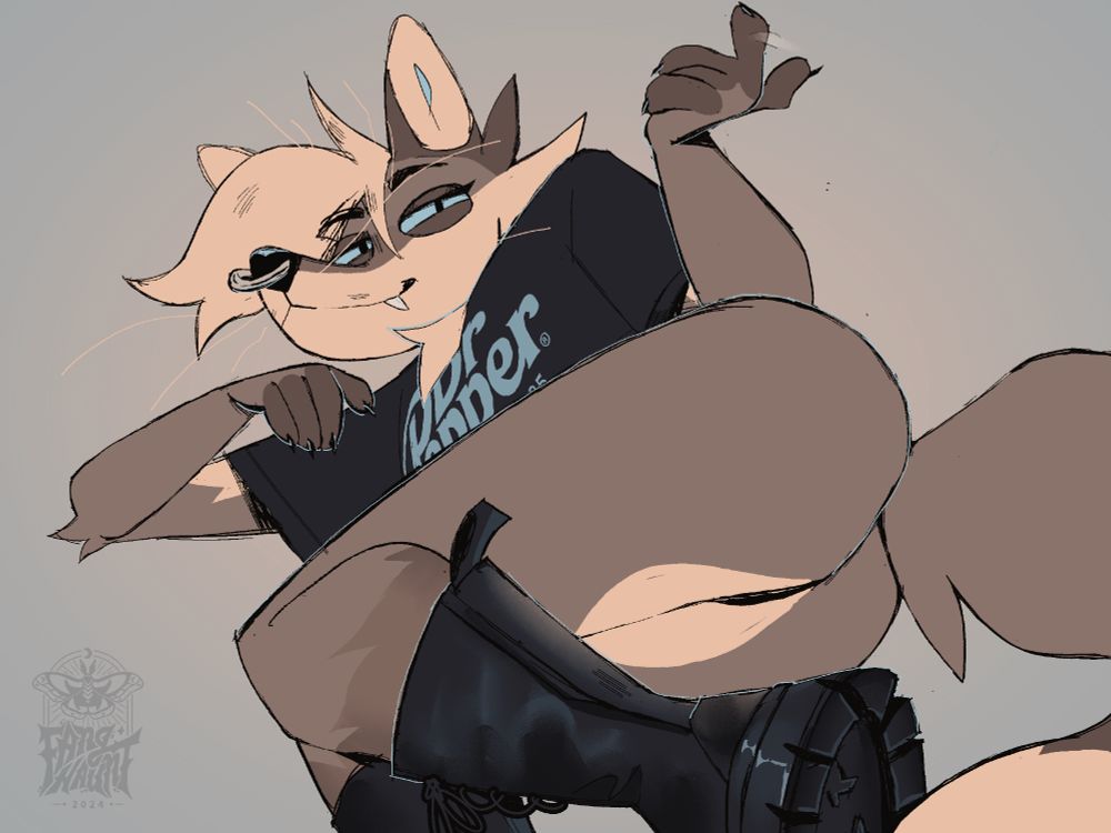 reclining androgynous warm-gray anthro fox in a dr pepper crop top, doc martens, and no pants demurely beckons the viewer over