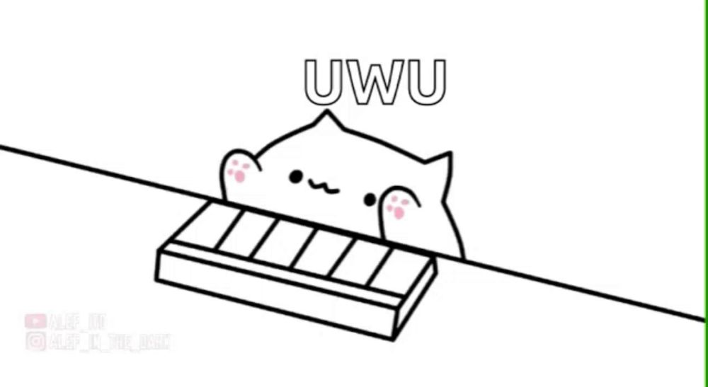 a drawing of a cat sitting on a keyboard with the word uwu written above it