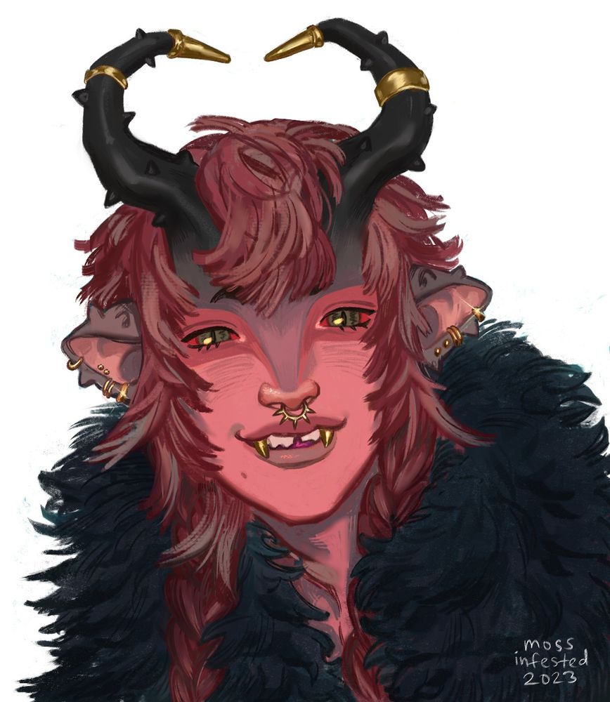bust drawing of a pink tiefling, his green and red snake like eyes look forward while smiling. his grin shows off his golden fangs and tooth gap. his ears are thorny but soft, with golden earrings adorning them. his large hrons are in the shape of a heart and thorny, with golden tipped jewelry. his hair is choppy and put into braids. around his neck is a dark blue fur coat.