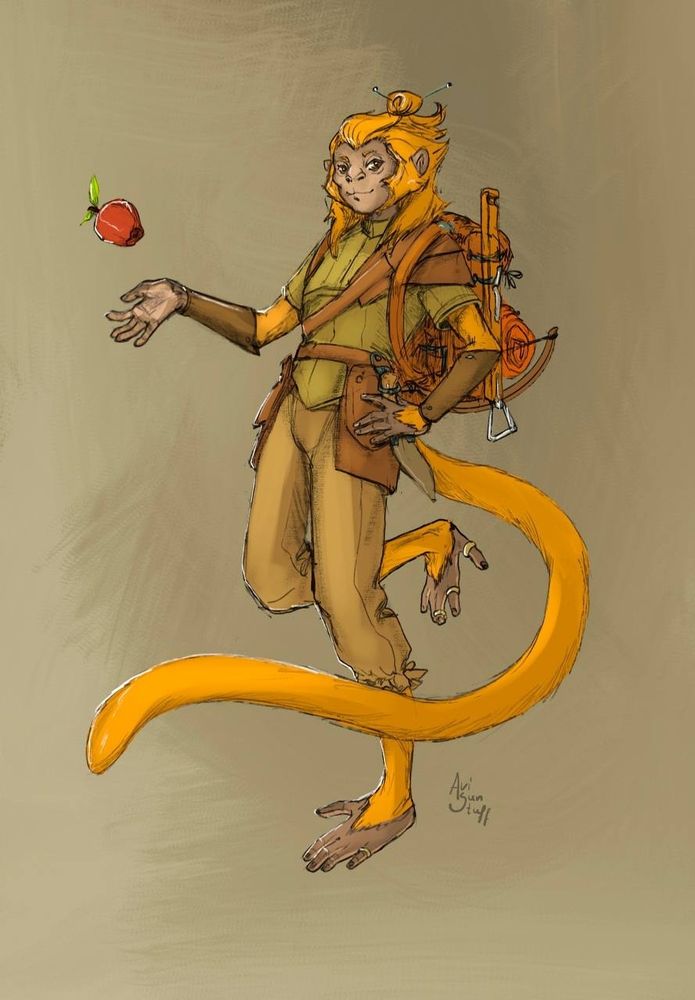 Young Vanara (race from pathfinder 2e) rogue. She has a golden fur, a big backpack and a crossbow attached to it . She playfully throws a red apple with her hand.
