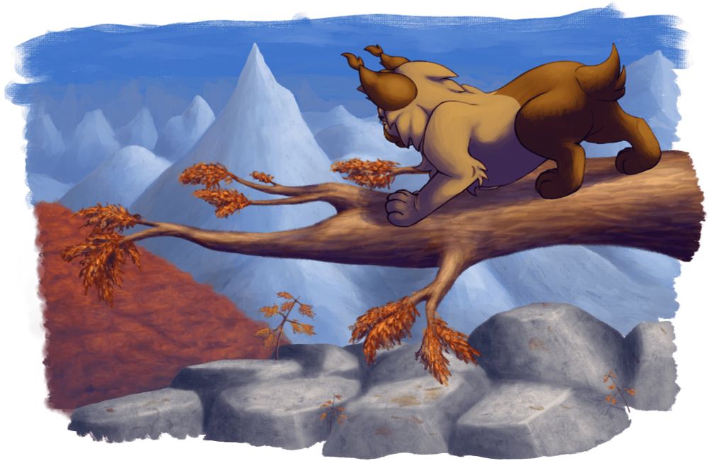 A scene painting featuring a brown bobcat OC on a branch overlooking mossy rocks, an autumn hill, and a background of icey mountains. Their upper half body is golden-brown while their lower half, snout and ears are darker brown. The bobcat has a careful expression. They are crouching on a large tree branch coming from the right side of the canvas, facing away from the viewer towards the left, with smaller branches carrying small orange leaves. Below the branch is a ground made up of multiple large, gray stones. To the left of the painting where the bobcat is looking, is an orange treetop hill. In the background, there are multiple ice mountains and a white-blue sky above. The shading has a purple hue, and overall the painting has a canvas texture.

