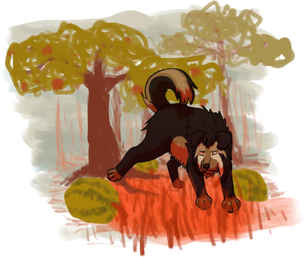 A painting of a dog with a watercolor-styled background. The dog has black fur with brown paws, belly and undertail. Her face, being brown with lighter brown expression resembling tear trails, carries a concentrated expression as her eyes shut from her blindness. On the ground, there are watermelons in a field of orange red grass. Red grass covers the dog’s paws, legs, underbelly, face and tails. Behind the dog is a blue-gray sky, featuring trees with some sort of red fruits, drawn in loose doodled style.
