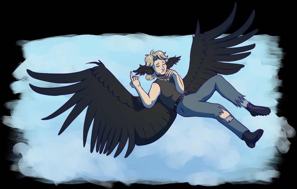Cartoonishly digital drawn fullbody human oc with big black wings on lower back and smaller set on head where ears would usually be. The pose is one of laying down in the air, wings spread out, one chin resting on one hand while the other points up. The expression is a type of “seriously?: expression. The oc is wearing a black tank top, a black belt, ripped jeans, gray knee high socks, and black boots with a purple tongue. They have a blonde mullet. They also wear two necklaces, one with purple orbs of some type and another with purple diamonds. The background is a simple painterly blue sky with clouds.
