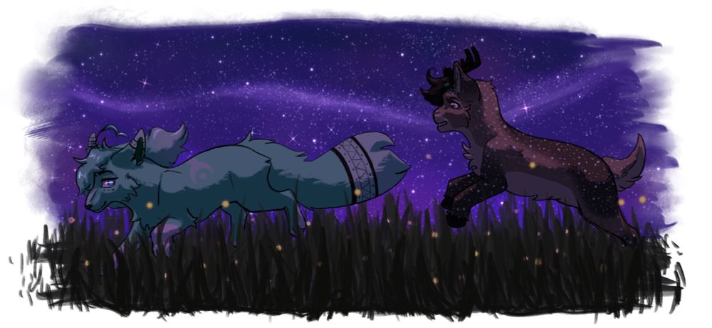 A loose painting featuring a fox OC and a deer OC running towards the left side of the canvas, one behind the other from a side view. The fox OC has teal fur, blue eyes and white hair tip, tail tip & arms. There are also black band designs around the edges of the white markings on the tail and ears. The deer OC has brown fur with darker hair, antlers and legs. Their chest, underbelly and short tail are in lighter brown. The deer also have tiny white tinted spots all over their fur. Both are running in a grassy field with fireflies and with a deep purple starry sky behind them. Abstract fireflies are in the grass.
