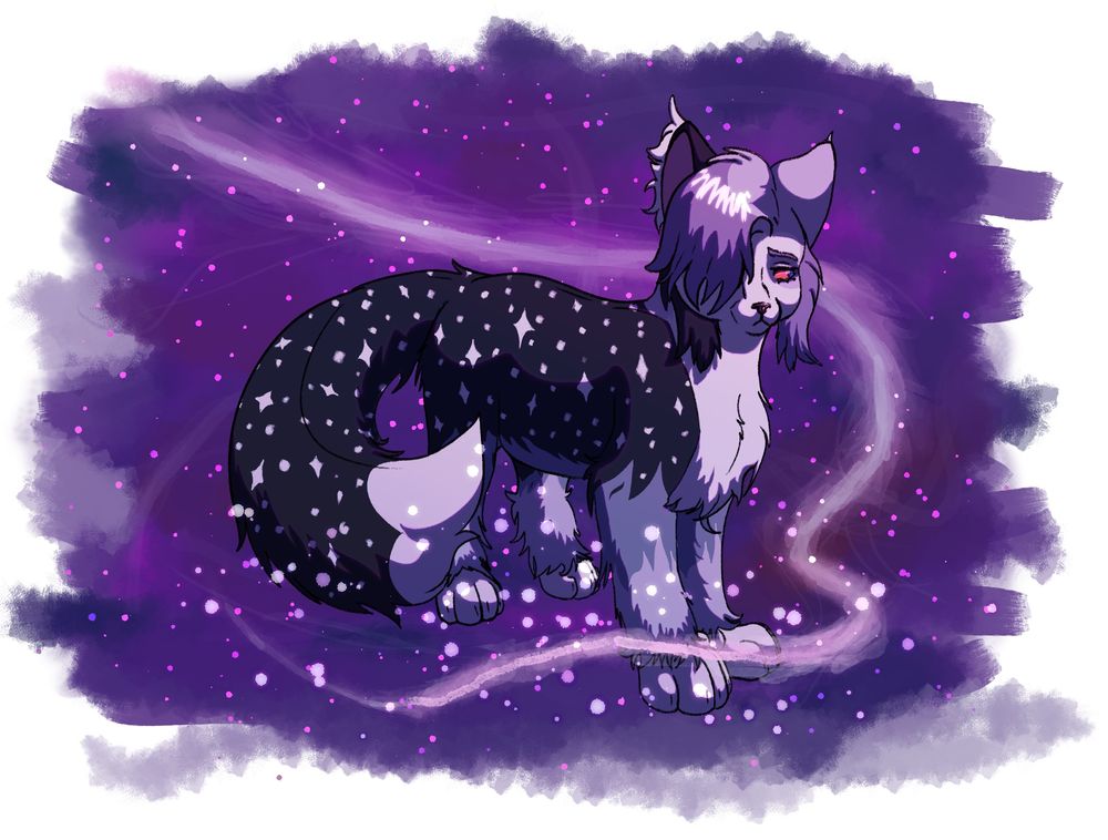 A purple tinted  painting of a standing cat  facing the right side of the canvas with thick black, star-patterned fur, white chest fluff, purple-tinted gray hair, a set of black-and-white ears. Their long, fluffy tail is also black and star-patterned but has a white tip. Their legs have thick blue-tinted grey fur and big, white paws. Their left eye is covered by their long bangs while the other is shown to have an orange pupil, looking down to the right. The cat has a melancholic expression on their face. The background is a starry sky with deep purple palettes. There’s a faint stream of white light going from near the cat’s tail, going up beside their face before rising out of the canvas.
