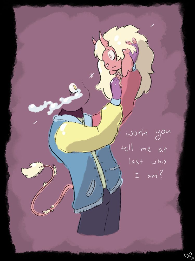 Copy of the first image, but with text that reads "won't you tell me at last who I am?"