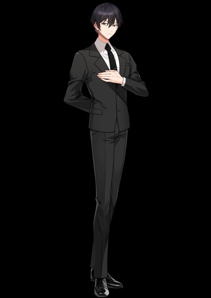 a plain generic black haired anime man in a black suit with one hand on his chest and the other behind his back
