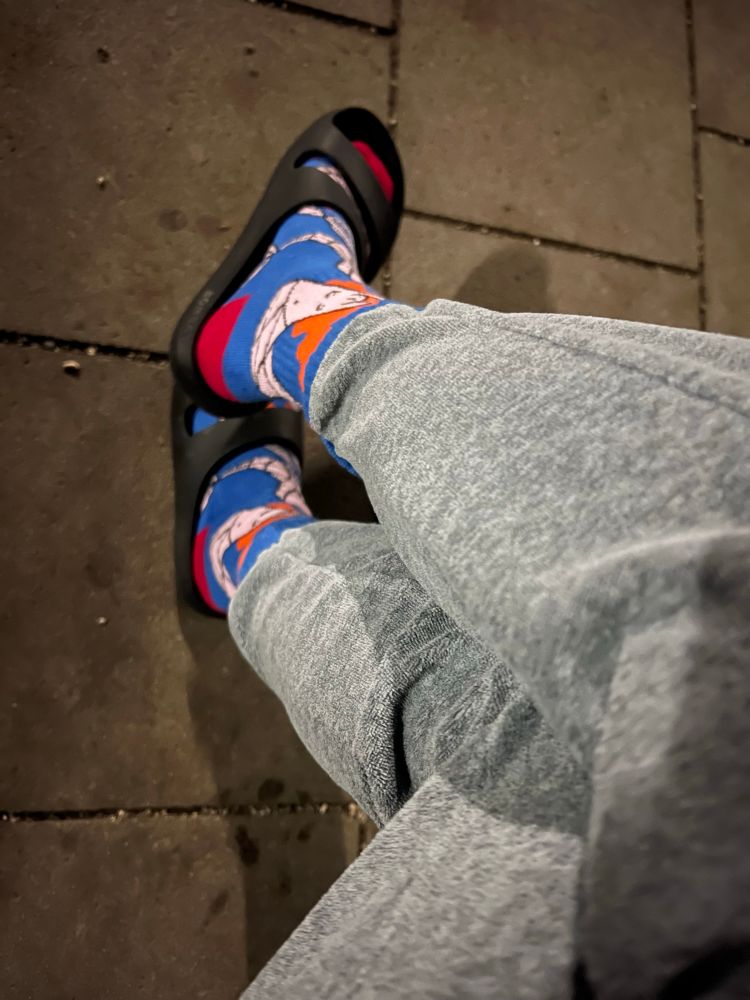 Foto von meinen überschlagenen Beinen in einer grauen Nicki-Jogginghose, an den Füßen schwarze Badelatschen und rot-blaue Socken mit Meerjungfrauen mit organgen langen Haaren drauf. 