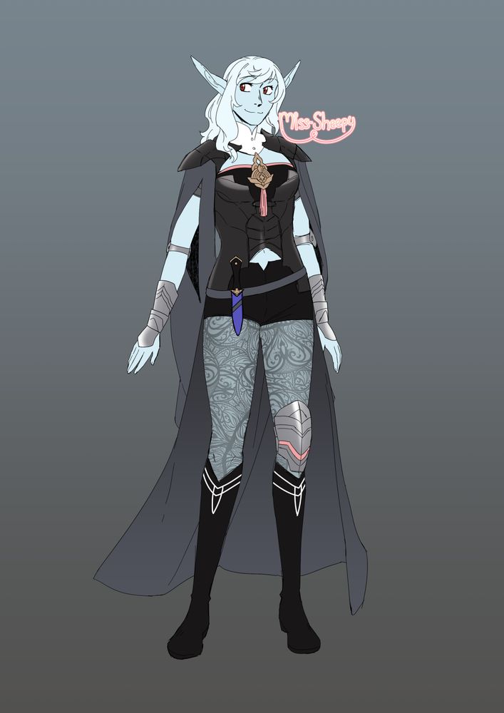 A colored sketch of a blue elf woman dressed up as Byleth from Fire Emblem.