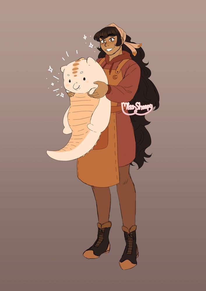 A colored sketch of a young woman wearing orange tones holding up a chunky white dragon proudly.