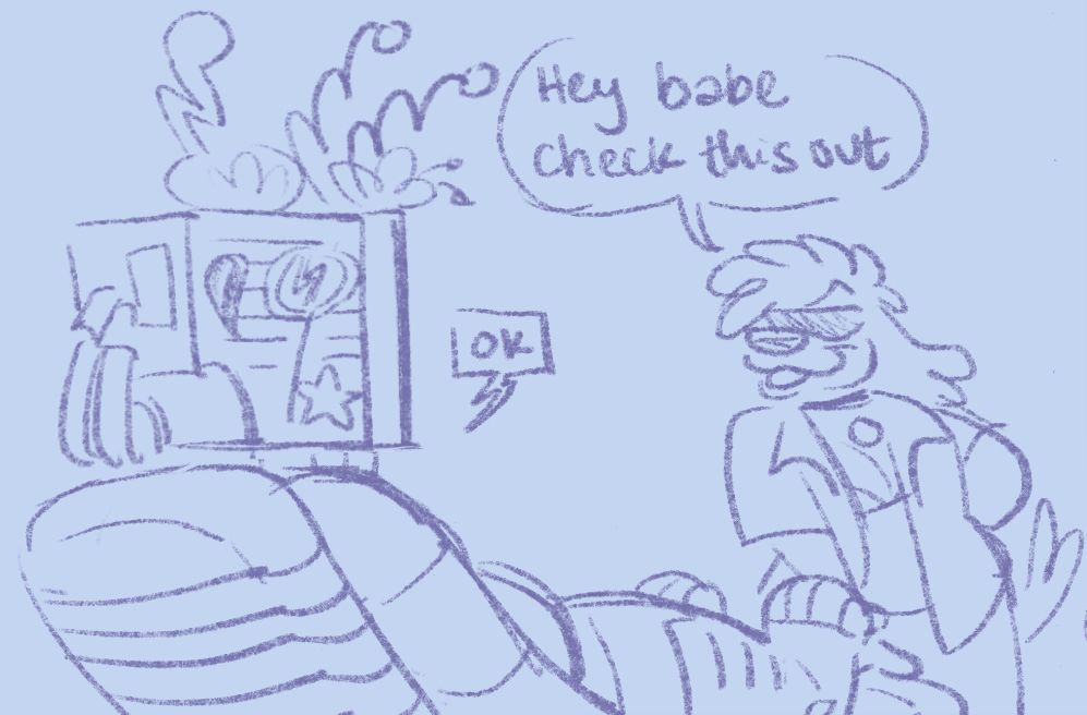 B—obbie and C—athal hanging out at the beach. For this sequence, C—athal is wearing a halter top and trunks, and B—obbie is wearing a bikini top and shorts, mostly hidden under an oversized unbuttoned Hawaiian shirt.
B—obbie leans over C—athal's lounge chair, smiling conspiratorially. "Hey babe, check this out."