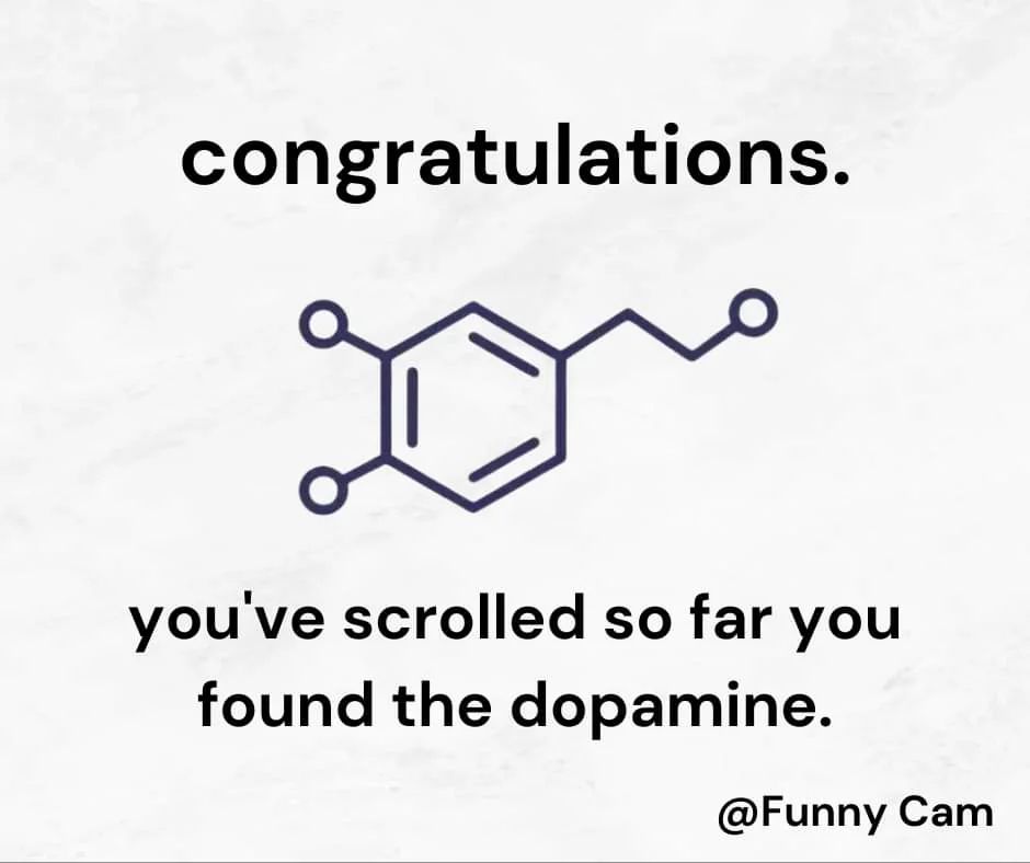 A diagram of a dopamine molecule, rendered in black lines. Text reads: "Congratulations. You've scrolled so far you found the dopamine." Creator: @Funny Cam