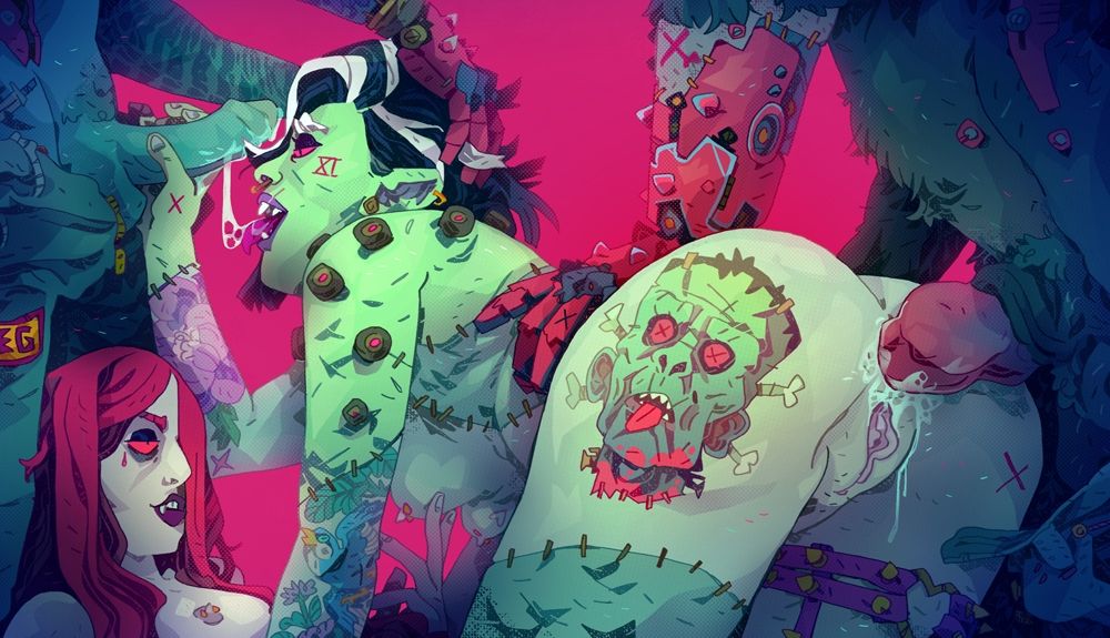A female frankenstein enjoying some monstrous group fun....