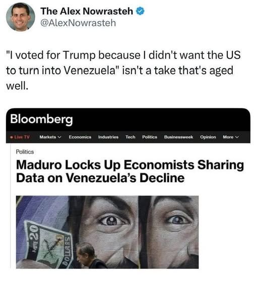 Tweet from Alex Nowrasteh: "'I voted for Trump because I didn't want the US to turn into Venezuela' isn't a take that's aged well."