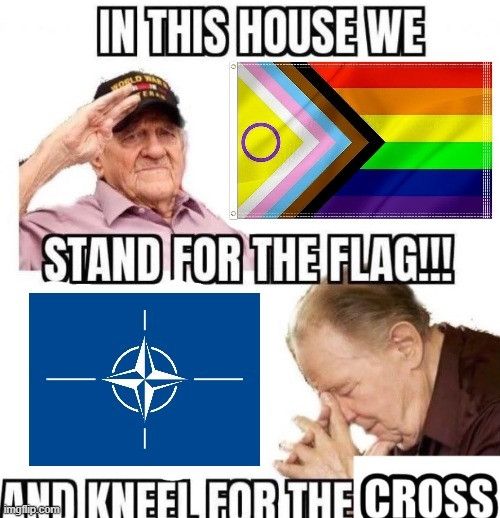 "In this house, we stand for the flag and kneel for the cross" with a pride flag and the NATO compass. 