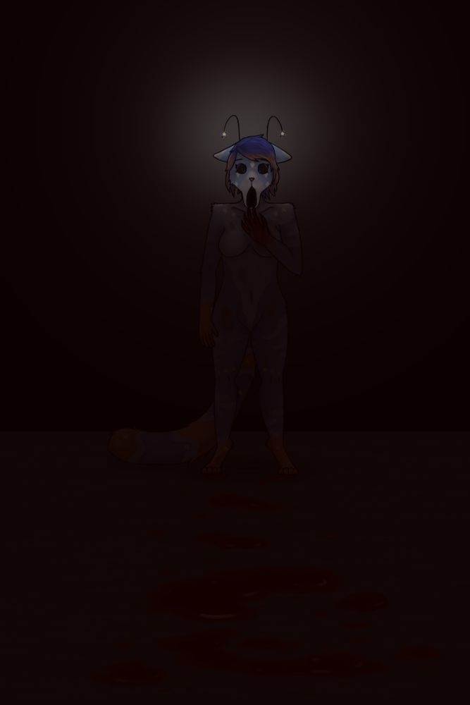 As before but her mouth is drooping sorta like the Scream mask, and her fingers are elongated and sharpened