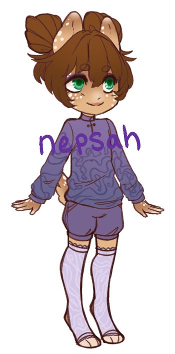 a chibi-style bunny kemonomimi. they are primarily brown, with white speckles. their hair is pulled up into two buns. their outfit is mostly purple, with swirls on their shirt and stockings.