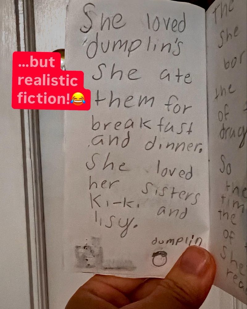 Kid made book saying Grace Lin ate dumplings everyday (tag saying the book is realistic fiction!)