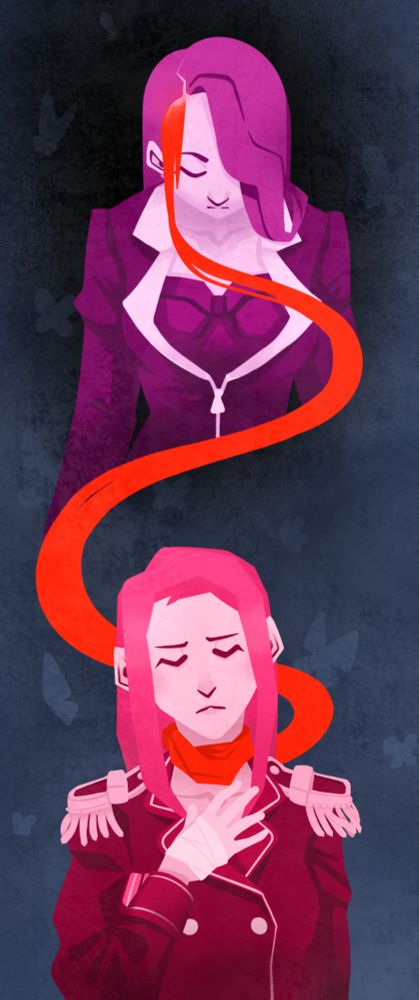 Stacked portraits of mia and lana from ace attorney. Blood trails down from Mia's head, merging into Lana's scarf