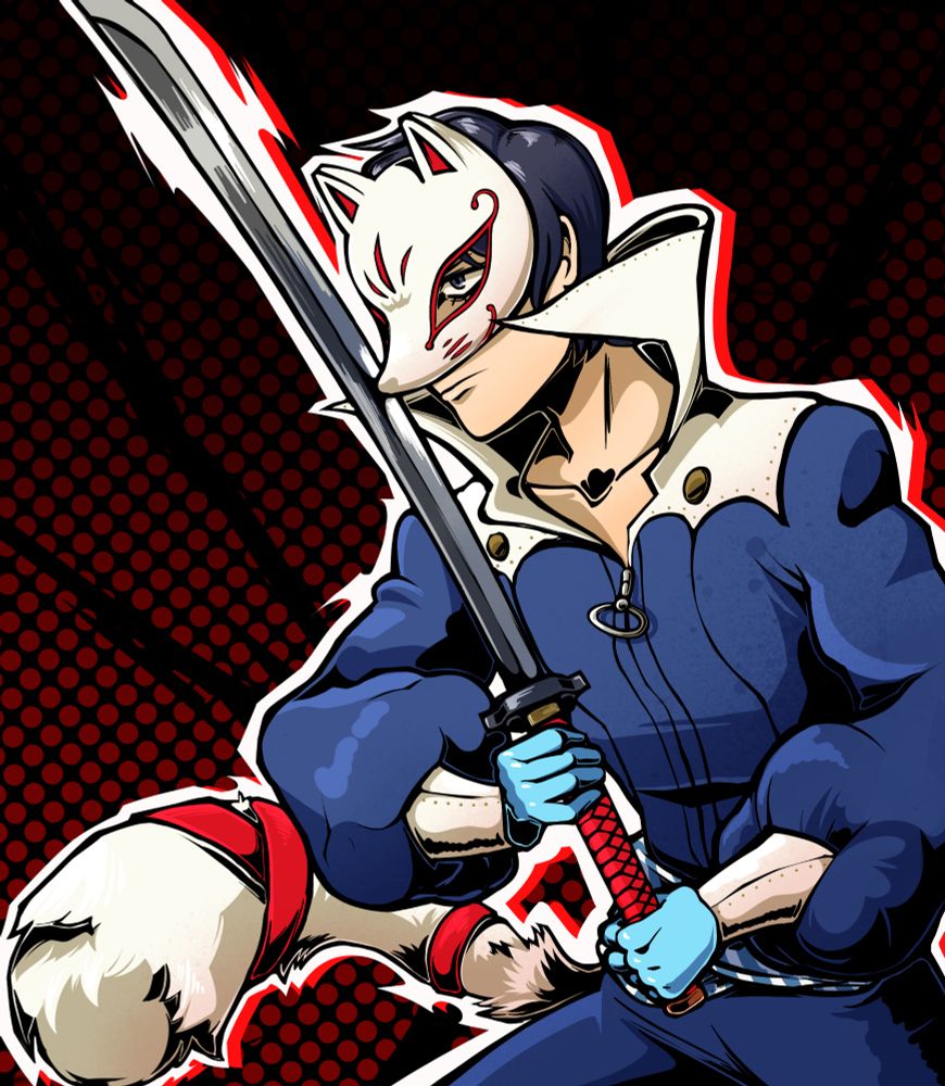 Yusuke from Persona 5 in his Metaverse outfit with a sword